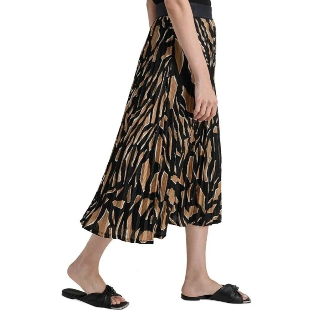 DKNY Women's Pull-On Printed Pleated Midi Skirt Black Brown L - Picture 2 of 10